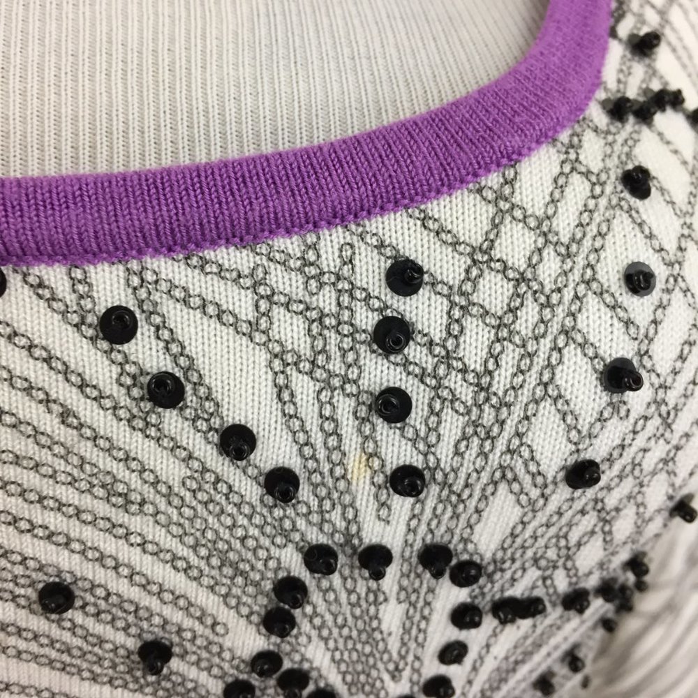 BCBGMAXAZRIA White Black Beads Floral Print Purple Trim Silk Blend Sweater - Picture 13 of 15
